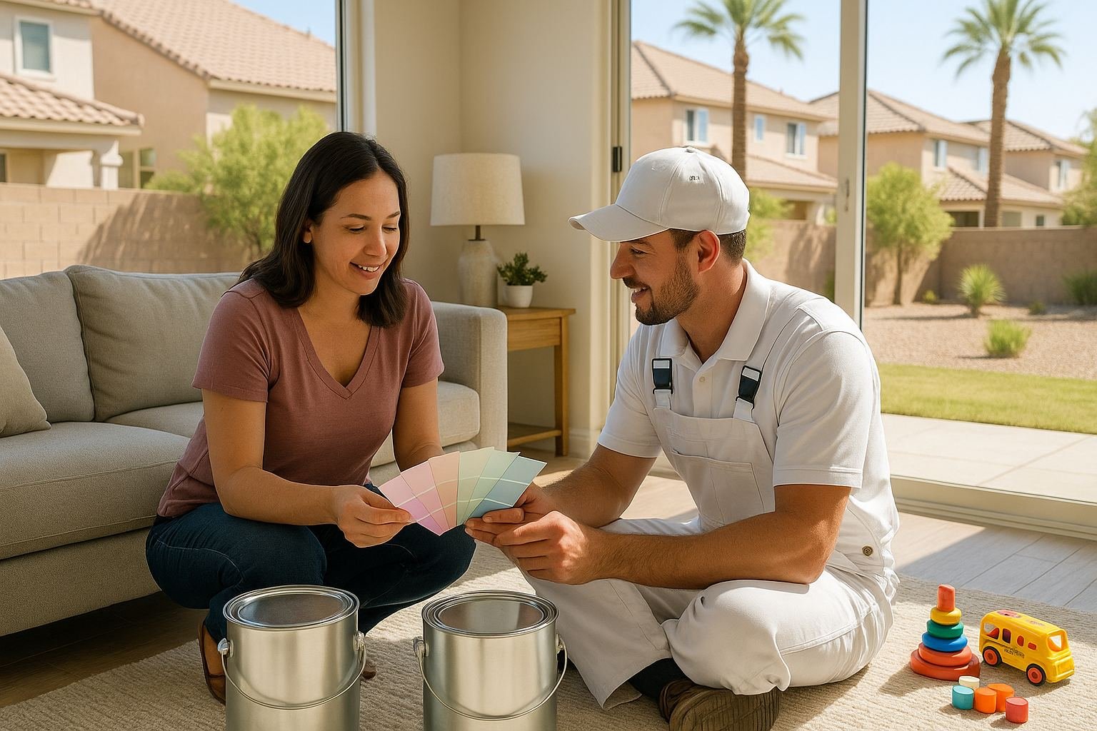 Parent and painter reviewing soft pastel color swatches in a bright Las Vegas family living room with low-odor paint cans nearby